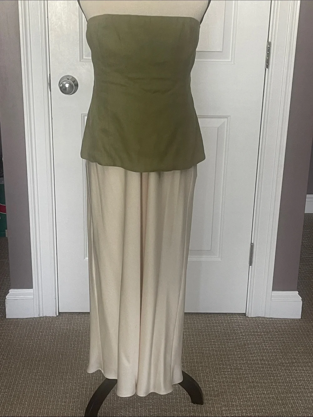 Reformation Iskra Two Piece Olive Strapless Top with Cream Satin Midi Skirt Set